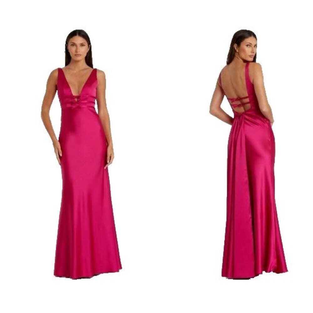 $358 Mac Duggal 68855 Plunging V-Neckline Bow Waistband Raspberry Dress Sz 6 NWT